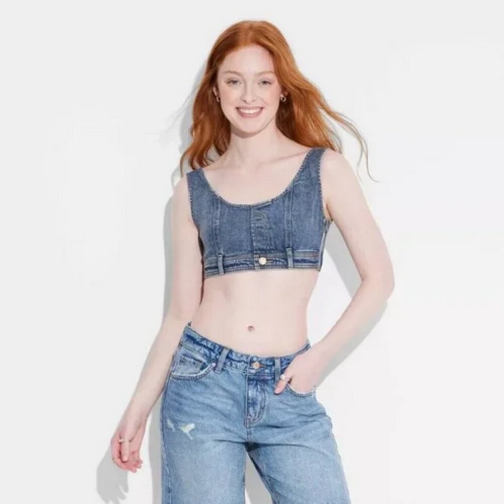 Women's Scoop Neck Reworked Denim Tiny Vest - Wild Fable™ Blue M